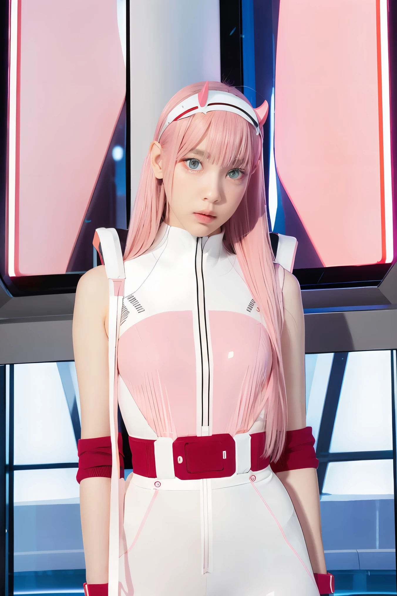 dynamic angle,ultra-detailed, illustration, straight on, 1girl, ((Zero two, interface headband with a pair of horns, red bodysuit:1.4, pink hair)), Her eyes shone like dreamy stars,(glowing eyes:1.233),(beautiful and detailed eyes:1.1),(expressionless, closed mouth),(standing), (mechanic room with tools and spaceship window in a white SPACESHIP), (night:1.2), dreamy, dynamic pose,