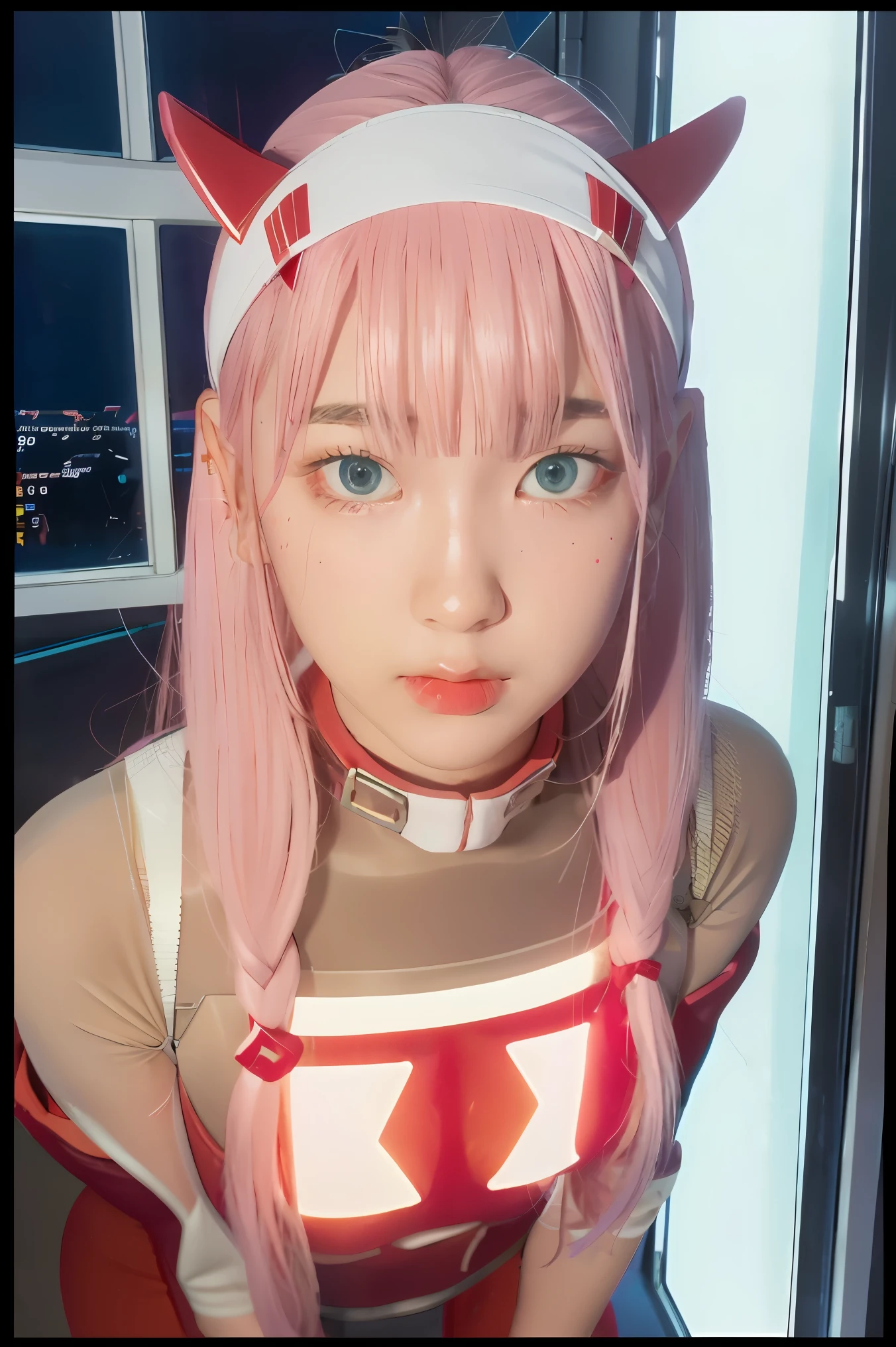 dynamic angle,ultra-detailed, illustration, straight on, 1girl, ((Zero two, interface headband with a pair of horns, red bodysuit:1.4, pink hair)), Her eyes shone like dreamy stars,(glowing eyes:1.233),(beautiful and detailed eyes:1.1),(expressionless, closed mouth),(standing), (mechanic room with tools and spaceship window in a white SPACESHIP), (night:1.2), dreamy, dynamic pose,