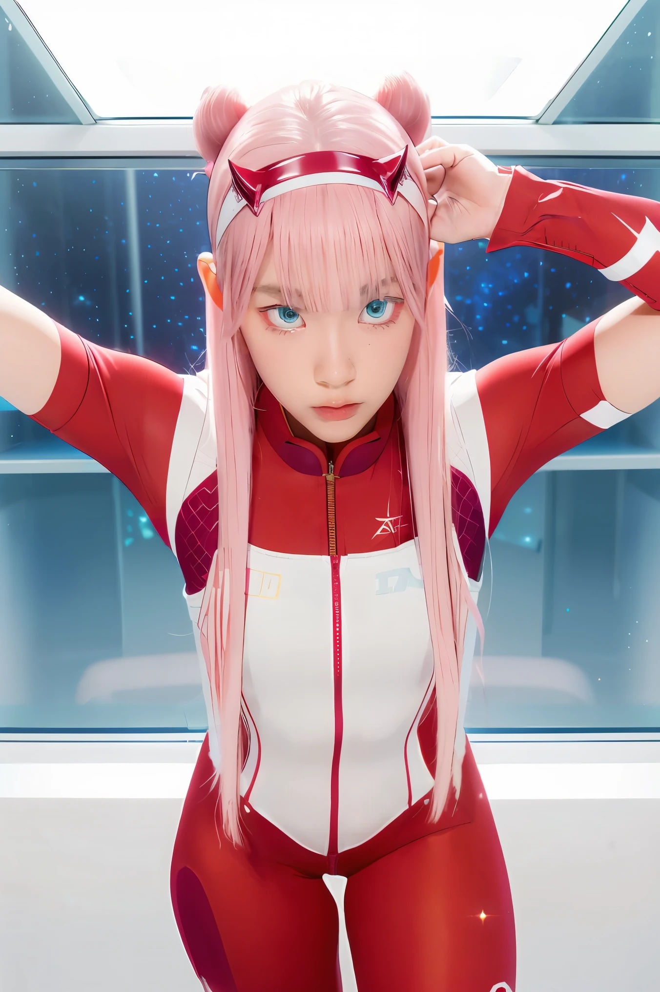 dynamic angle,ultra-detailed, illustration, straight on, 1girl, ((Zero two, interface headband with a pair of horns, red bodysuit:1.4, pink hair)), Her eyes shone like dreamy stars,(glowing eyes:1.233),(beautiful and detailed eyes:1.1),(expressionless, closed mouth),(standing), (mechanic room with tools and spaceship window in a white SPACESHIP), (night:1.2), dreamy, dynamic pose,