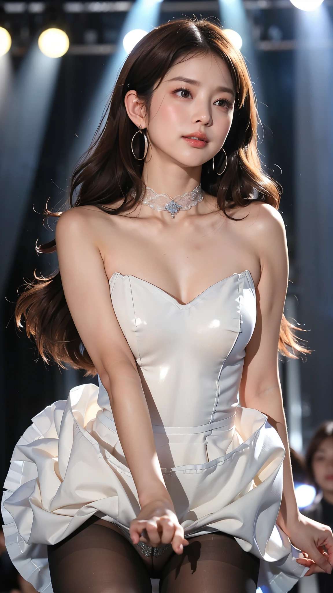 16K quality、Best Quality, It is high resolution., Real photo、Realistically、Realistic texture、Full body portrait、((Cute age KPOP idols))、((Concert Venues、stand、Large crowd))、(((激しい動きでIdol stage dressesの裾が捲れ上がる、Pantyhose are visible from the hem of her lifted dress:1.2)))、((Sing and dance with a microphone))、((Cute idol stage costume in blue and white、Idol stage dresses、Sleeveless、Large ribbon on the chest、丈の短いIdol stage dresses))、((Embarrassed expression、blush))、Be sexually aroused、 ((美しいBrown Hair、Twin tails、Put one ear out ))、((Brown Hair))、((blue eyes))、((Lift your legs higher、Wide-open legs、Bold Pose))、(c cup breasts)、((Very thin, highly transparent pantyhose、Seamless pantyhose))、((High cut high leg panties))、Choker、Shiny earrings、Beautiful legs、High heels、(Big eyes、Very beautiful and subtle makeup, Light makeup)、Perfect body、Perfect hands、Perfect Fingers、Detailed and beautiful thin lips、A clear, beautiful face and well-proportioned eyes、Highly detailed eyes and face、A neat nose、Thin eyebrows、(Perfect Eyes)、Realistic Light、Subtle eyeshadow、Detailed and beautiful lips 、 Cute round face, Plump thighs、Accentuate your thighs、Hairstyle with bangs、Slender body、slim、Light-reflecting skin、Model body type、Detailed fingers、Beautiful Eyes、Long eyelashes、8Head to Body、Low angle、The light reflected in your eyes、Smaller face、Double eyelids、Big Eyes、Lip gloss、Looking away、Background blur、Cinema lighting from the front、Light on face