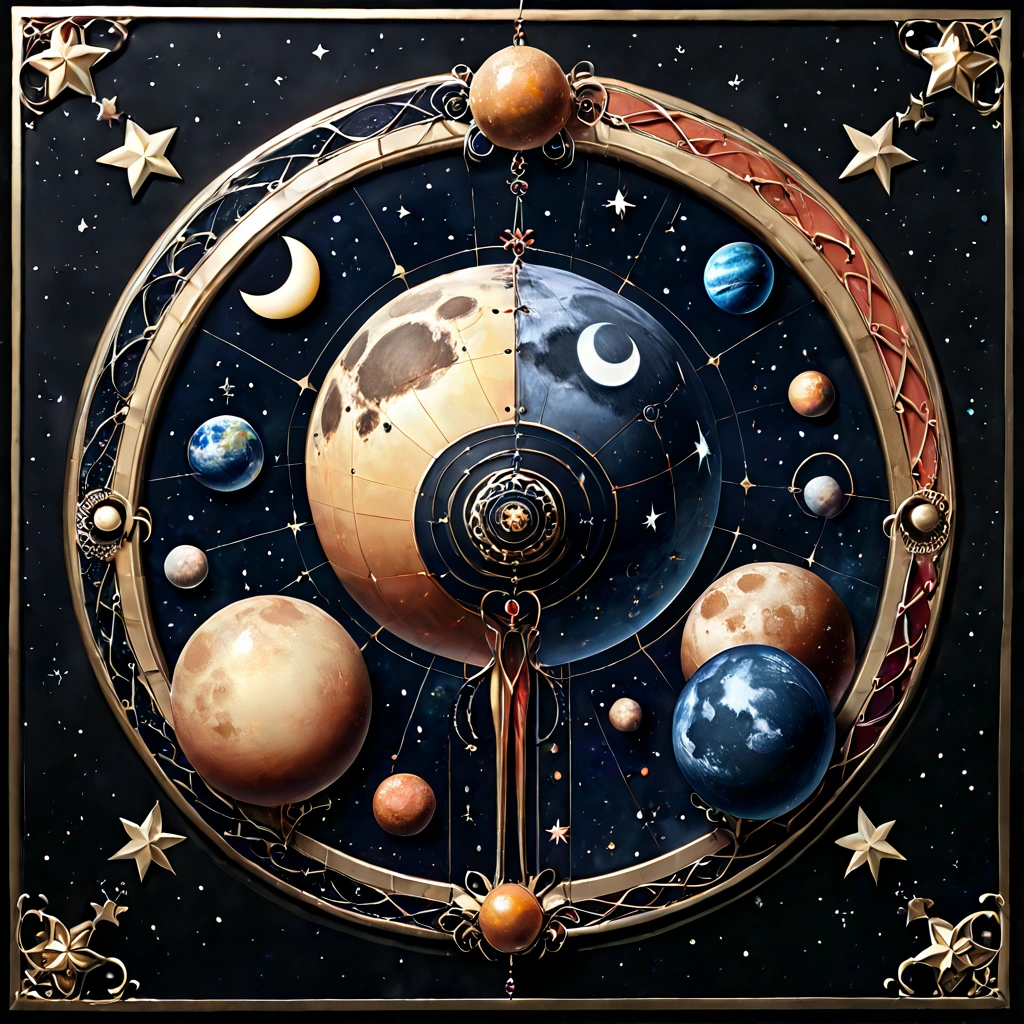 A detailed and intricate cosmic illustration featuring various celestial objects and symbols, including planets, moons, stars, and geometric patterns within a dark background with ornate borders