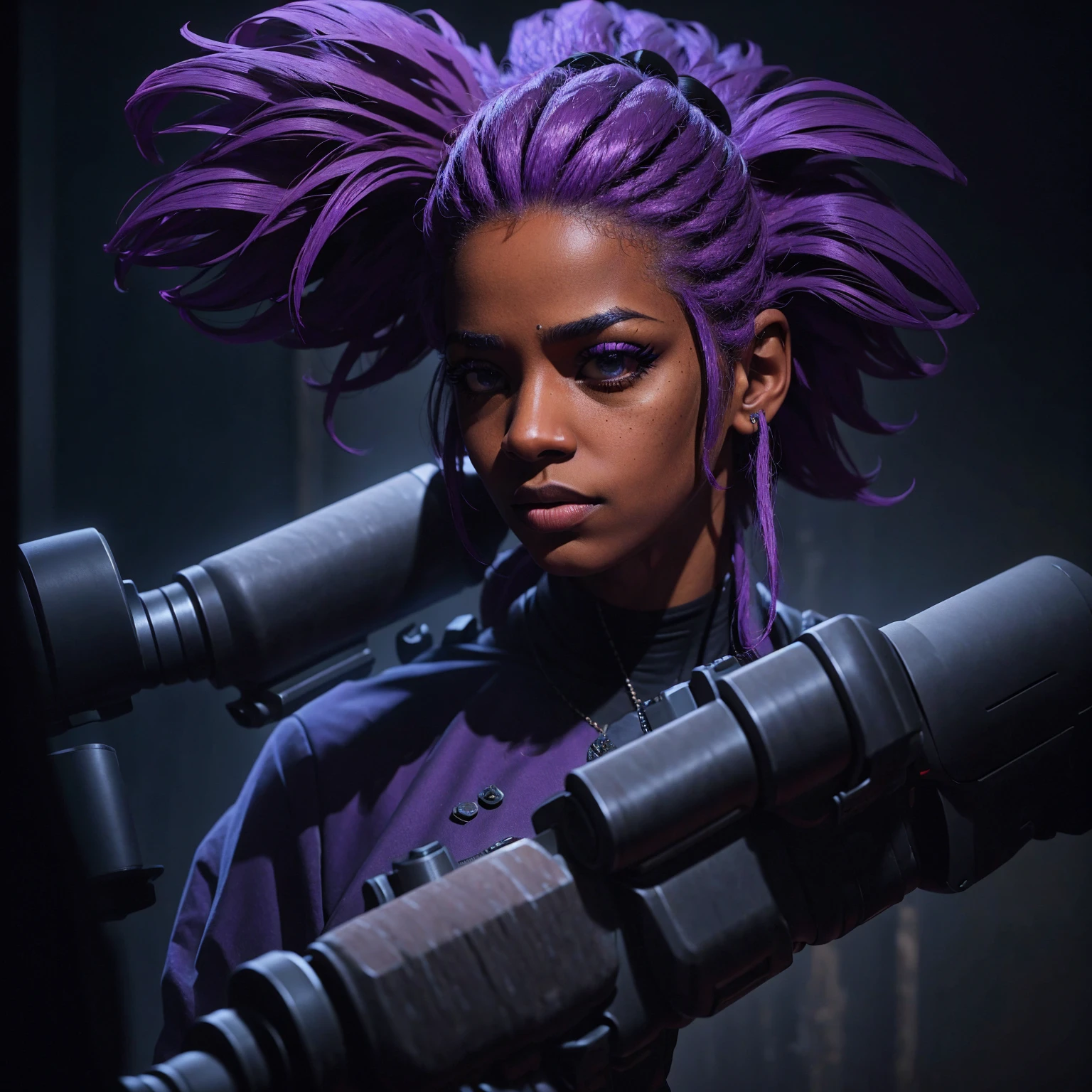 A black woman with detailed purple hair, holding a gun, dramatic cinematic lighting, hyperrealistic, 8K, detailed facial features, striking pose, dark and gritty atmosphere, moody color palette, professional grade photo, chiaroscuro lighting, dramatic shadows, high contrast