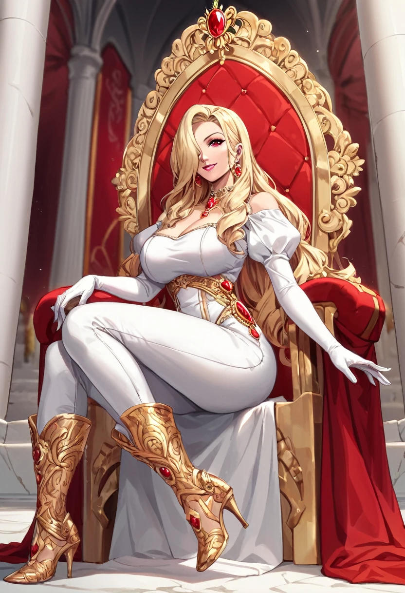 Score_9, Score_8_up, Score_7_up, source_anime, 1mature_female, full body, sitting on a large red marble throne, flirtatious look, blonde hair, hair over one eye, corona de oro y red jewels, red jewels, long hair, bright scarlet eyes , thin, pink lips, smile, erotic posture, long white dress and gold lace, long sleeves, white gloves, white pants, bright white long boots, background room of a marble palace, large windows, red and gold banners, golden sun symbols, erotic anatomy, perfect bodies, perfect anatomy, perfect arms, perfect fingers, perfect posture, transparent, shading