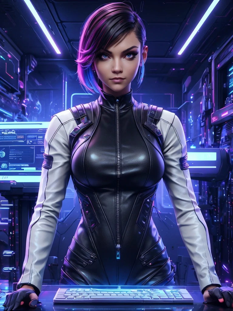 "Please create a UV Texture with the following characteristics: Representation of an entire glass, from the front, with a beautiful cyberpunk princess dressed in armor and short hair. The image must be hyper-realistic, with an extremely detailed face. The resolution texture should be 16k ."