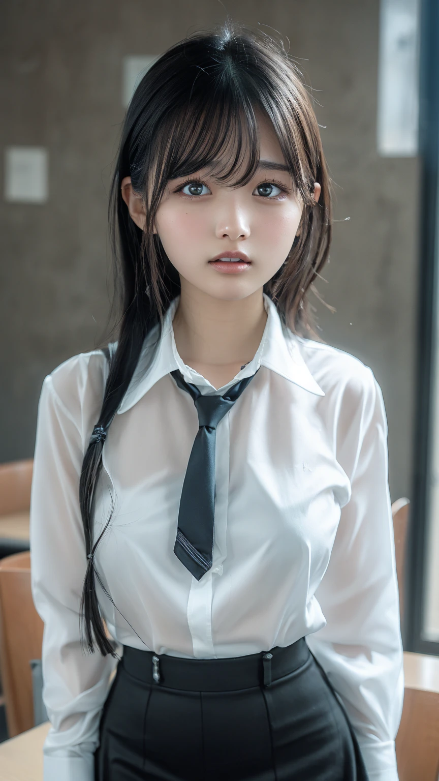 Long neck,Browse,Bursting Chest,Best Quality,Ultra-high resolution,1 person,whole body,Black Hair, bangs, Cool look,Looking at the camera,Beautiful and delicate face,Delicate and beautiful skin,Texture,high school student, uniform, (tight white shirt:1.7), tie,(Large Breasts:1.2), Check mini skirt,Classroom after school,(Standing posture,1.3: