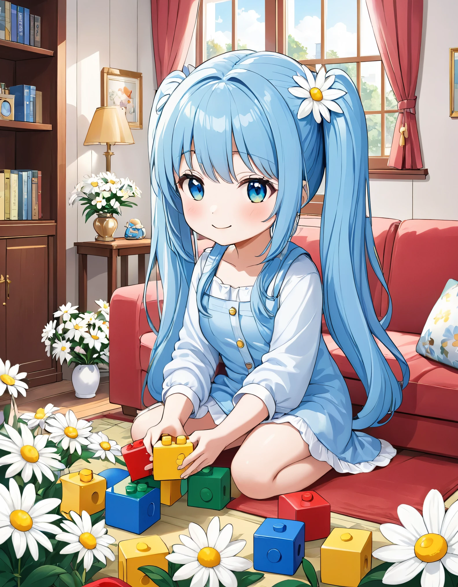 Light blue long hair、A beautiful girl with twin tails and her child, a chibi character、Playing with building blocks in a sunny living room、Building Block Castle、A happy smile、The living room is decorated with lots of white daisies and orchids.