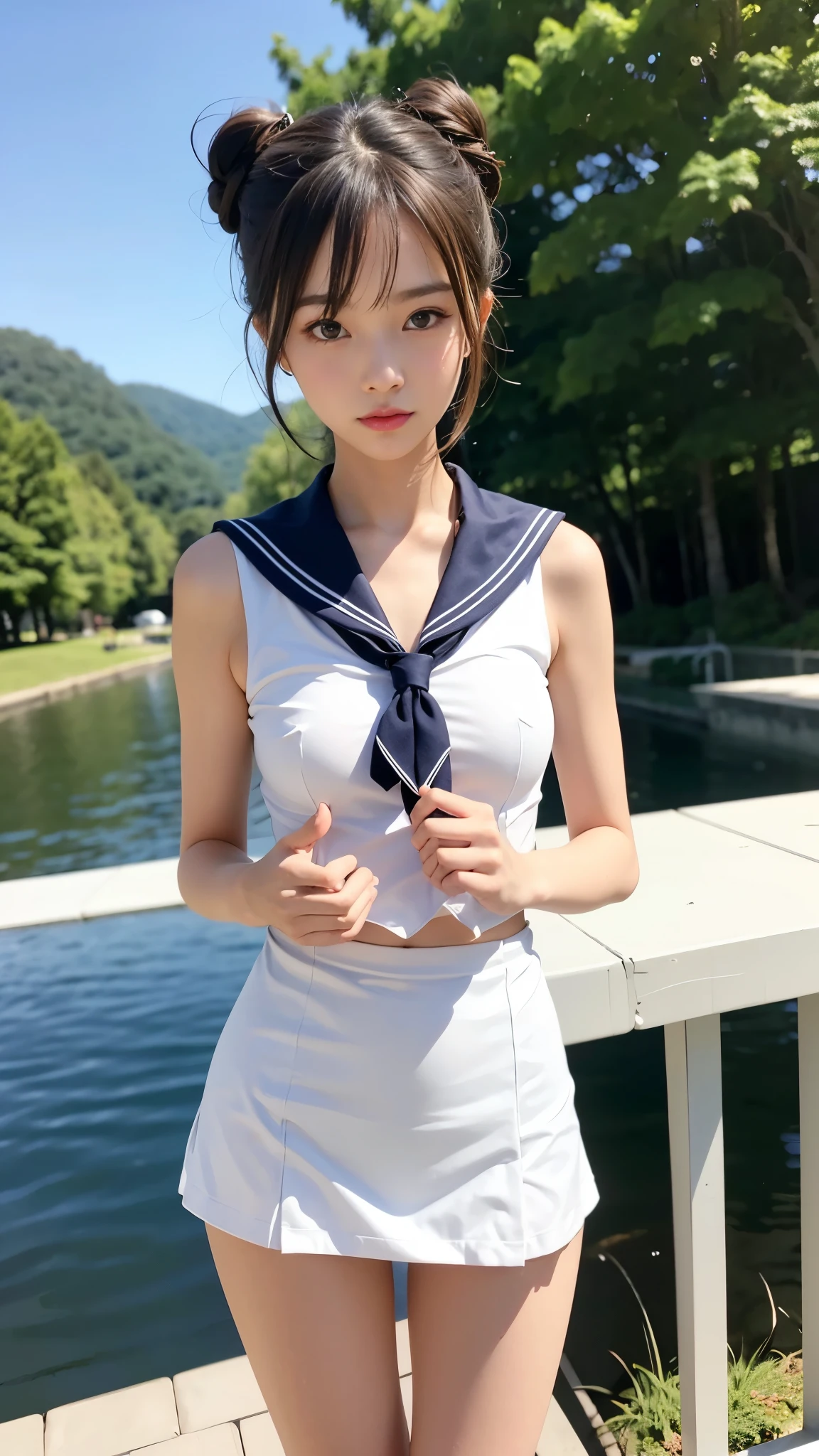 (Best picture quality, 4k,8k, High quality, Masterpiece :1.2), super detail, (realistic, realistic, realistic :1.37), a mature woman in a sailor suit, sailor suit, sailor skirt, very pretty face, beautiful, relaxing private garden with pool, perfect body, intricate details, beaufiful legs, shut up, shut up, shut up, Lips slightly parted, high quality, reclining, movie lighting, soft tones, large breasts, serene, elegant, serene atmosphere