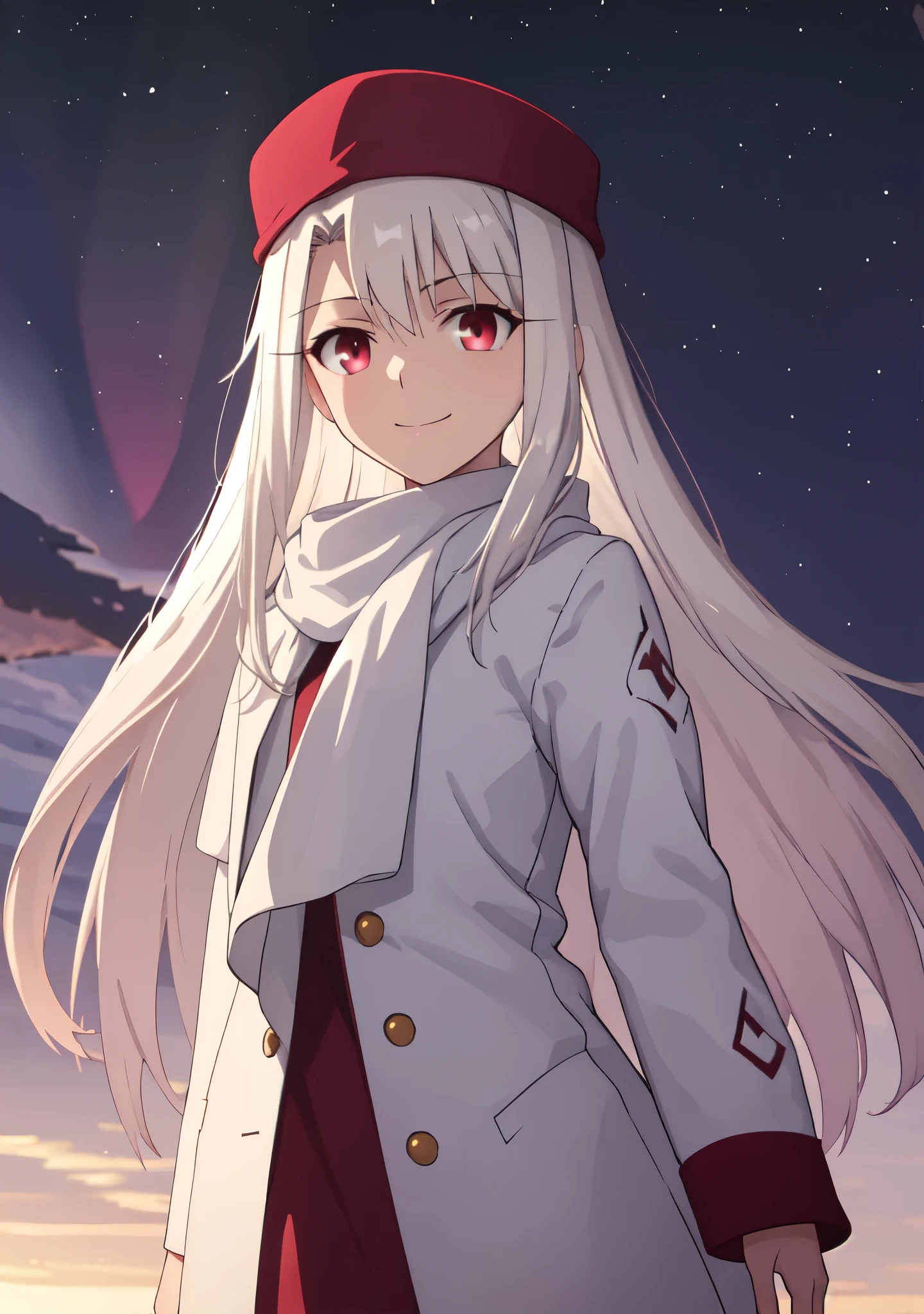 best quality, masterpiece, highres, solo, (illyasviel_von_einzbern_fatestaynightufotable:1.10), 1girl, papakha, night, dark sky, northern lights, aurora borealis, deep red eyes, white scarf, white headwear, white coat, anime coloring, closed mouth, looking at viewer, smile, confident, outdoors, upper body, anime_style, 3