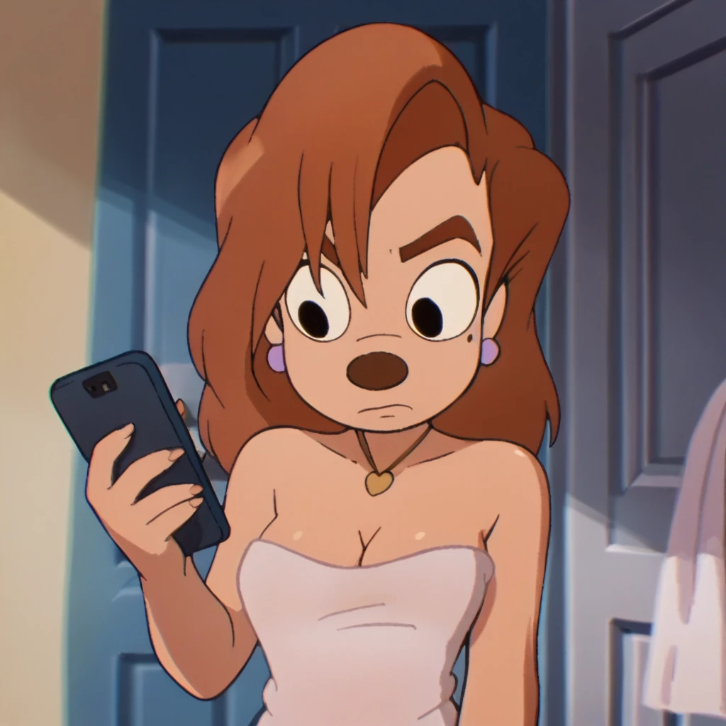 score_9_presence, score_8_up, Roxanne, wrapped in towel, medium breasts, cleavage, holding phone
