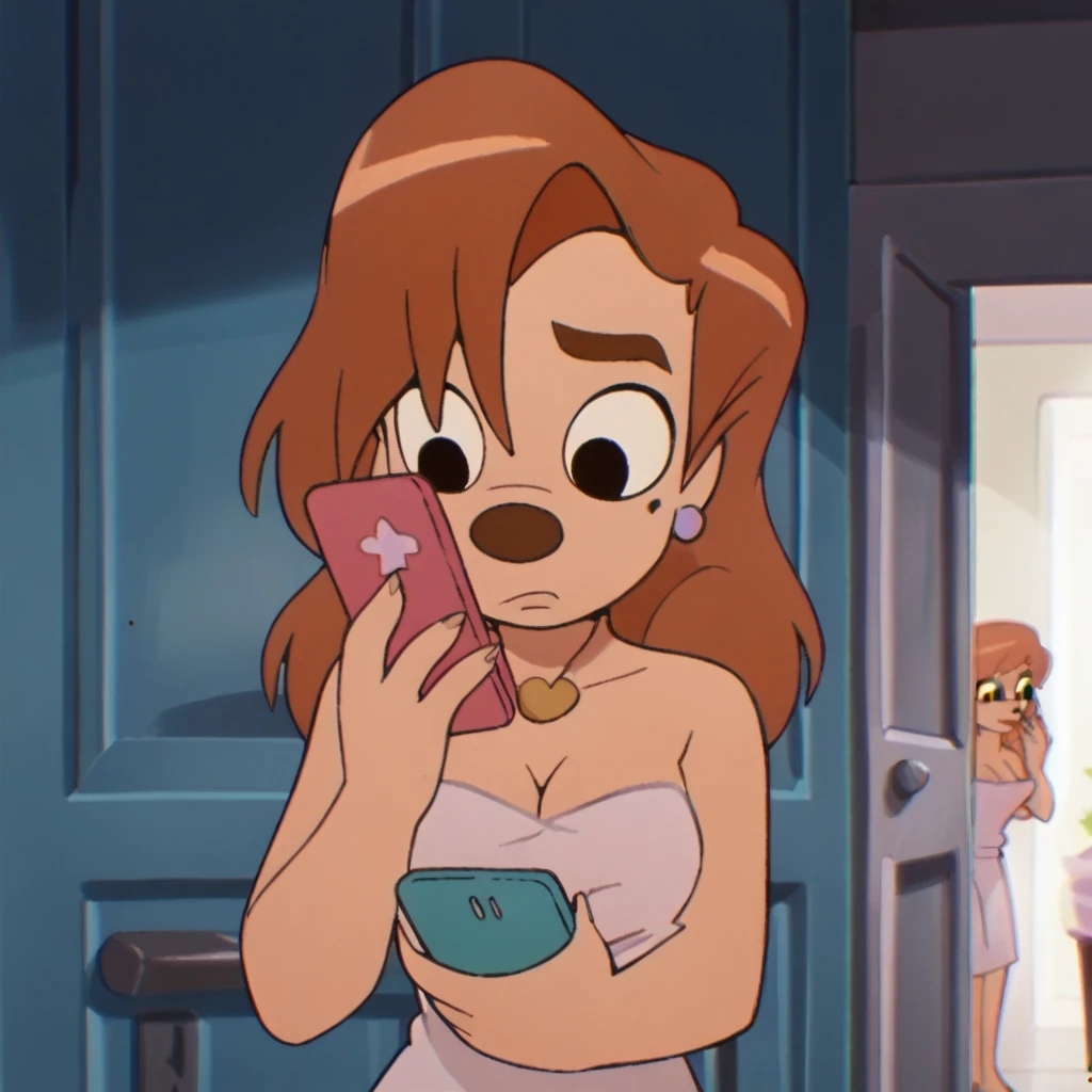 score_9_presence, score_8_up, Roxanne, wrapped in towel, medium breasts, cleavage, holding phone
