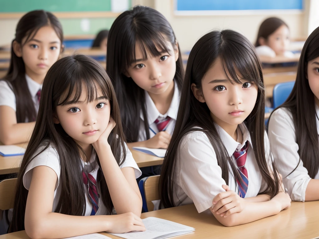 MULTIPLE Elementary School Students, Group photo, 3+girl,4+boy, study, detailed , View the viewer, Highest quality, employment, detailed background, Beautiful lighting, classroom