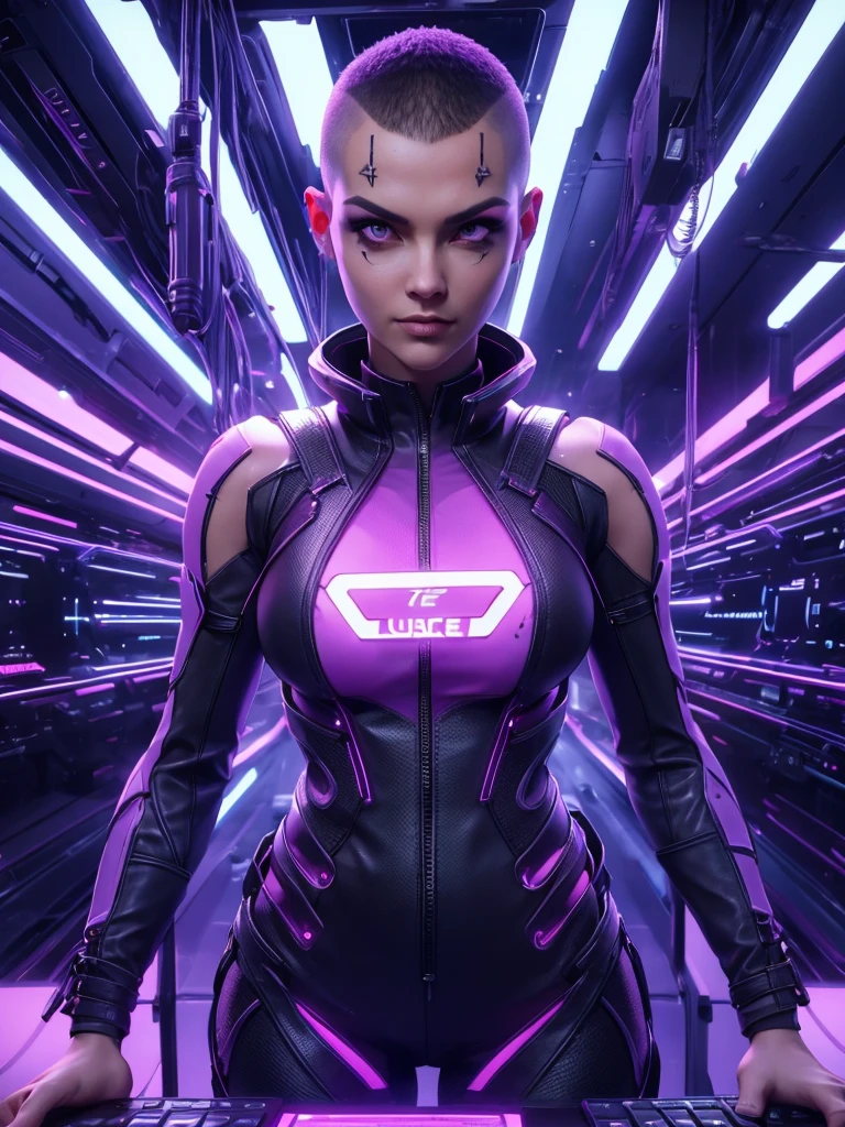 a sexy woman playing video games in a futuristic spaceship, beautiful detailed eyes, beautiful detailed lips, extremely detailed face, long eyelashes, beautiful woman, tight bodysuit, holographic displays, neon lights, glowing monitors, sleek and modern interior, cinematic lighting, vibrant colors, photorealistic, 8k, high quality, concept art