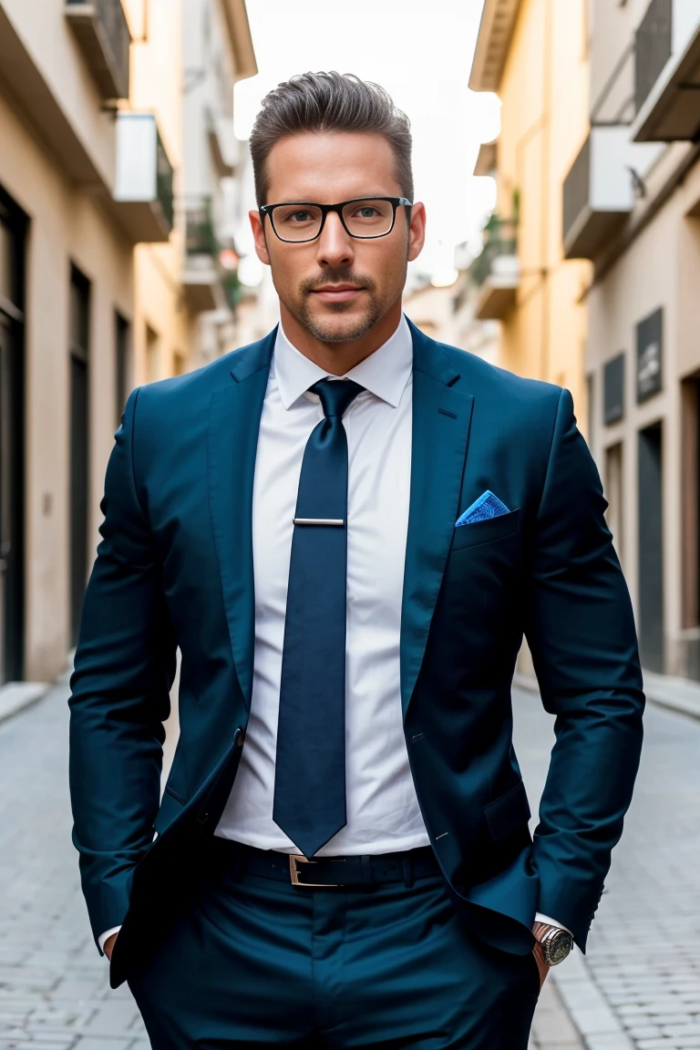 1man, A full body shot of a charismatic male fitness model, 40 years old. Sexy and charming expression, with a glass of white wine. Blue eyes, captured walking in a Milan street, wearing a fitted long-sleeve white shirt, dark blue suit pants and square-rimmed glasses, soft natural lighting, cinematic and moody, (best quality,4k,8k,highres,masterpiece:1.2),ultra-detailed,(realistic,photorealistic,photo-realistic:1.37),HDR,studio lighting,professional,vivid colors,dramatic lighting