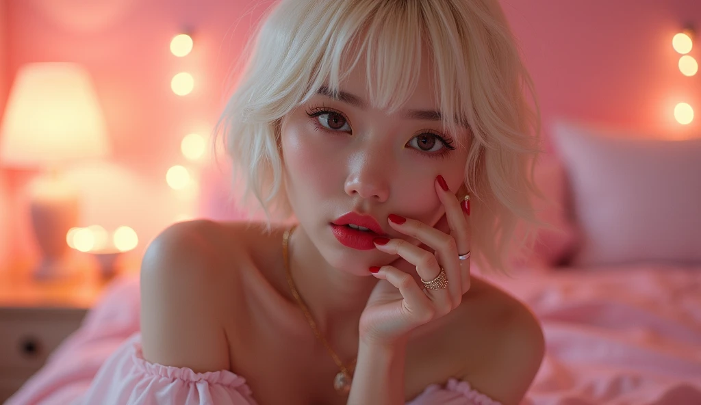 real photograph, (masterpiece), (highest quality), (Super detailed), (messy hair), (shape), (one japanese girl), (chiffon frill bikini), cat ear, sitting down, Fashion Model, (simple cyaan pink red background), fine and beautiful eyes, pretty faced,  floating, (high color saturation),  focus on face, blond pink bob cut hair, floating Hairs, (shining), best writing, best shadow,
