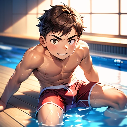 A young teen boy sitting on the poolside (in swimming pool), wearing very tight very short swim trunks shorts with boxer breit strap above, wide open legs, smirk facial expression, sweaty, no shirt on, no top on, brown hair, great quality image, best quality 