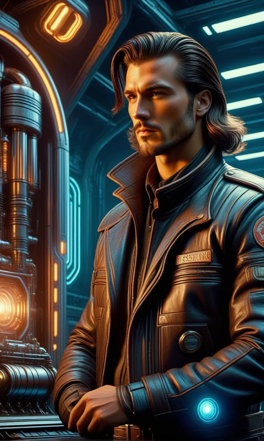 Create a movie scene with A dynamic illustration of a handsome 2 warrior inspecting a spacecraft engine in a futuristic hangar. He wears a leather jacket with a high collar and a 1940s-style gun belt. His long hair reflects a modern classic style. His calm expression exudes wisdom and authority, with intricate engine parts and glowing panels behind him. Dim lighting creates a dramatic, futuristic atmosphere blending Dieselpunk and 1940s retrofuturism. The scene is detailed, with glowing neon hues, ultra-realistic textures, and cinematic vibes. (Dieselpunk:1.3), UHD, 8k, cinematic, volumetric lighting, hyper-realistic, HDR lighting.