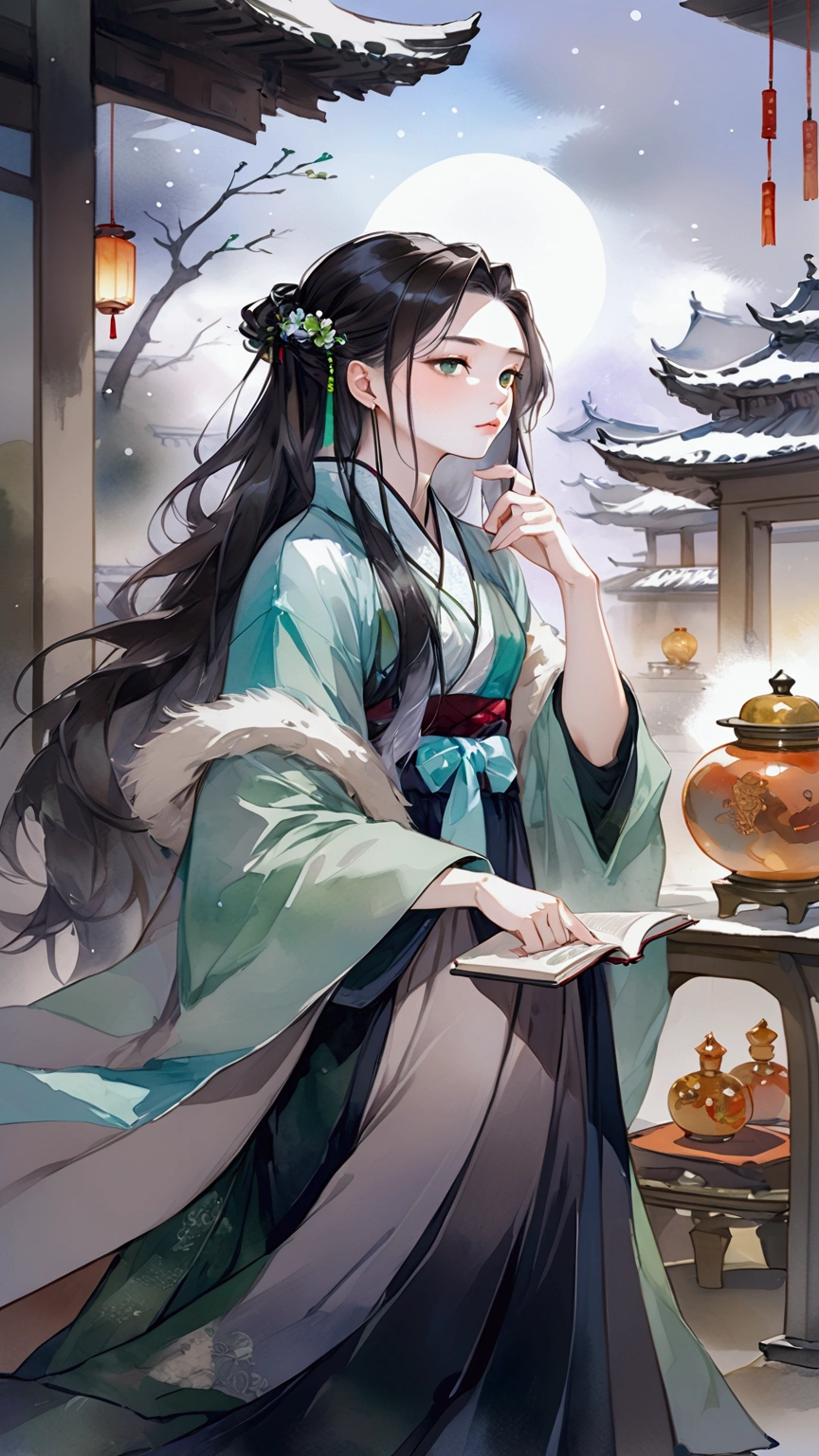 (best quality,4k,8k,high resolution,masterpiece:1.2),super detailed,(actual,photoactual,photo-actual:1.37), bright colors,strong contrast, fantasy lamp,classic beauty,Traditional painting style,Gorgeous costumes,complex patterns,Calm expression,poised posture,Tranquil garden setting,flowing robe,Beautiful accessories,Exquisite hair accessories,Light makeup,emerald earrings,beautiful whisper,sublime elegance,Feminine elegance,thin strokes,Rich in details,Seamless fusion of tradition and modernity,chinese classic garden,With Huangshan Mountain as the background,The artistic expression of young women in ancient China,A captivating portrait of timeless beauty.