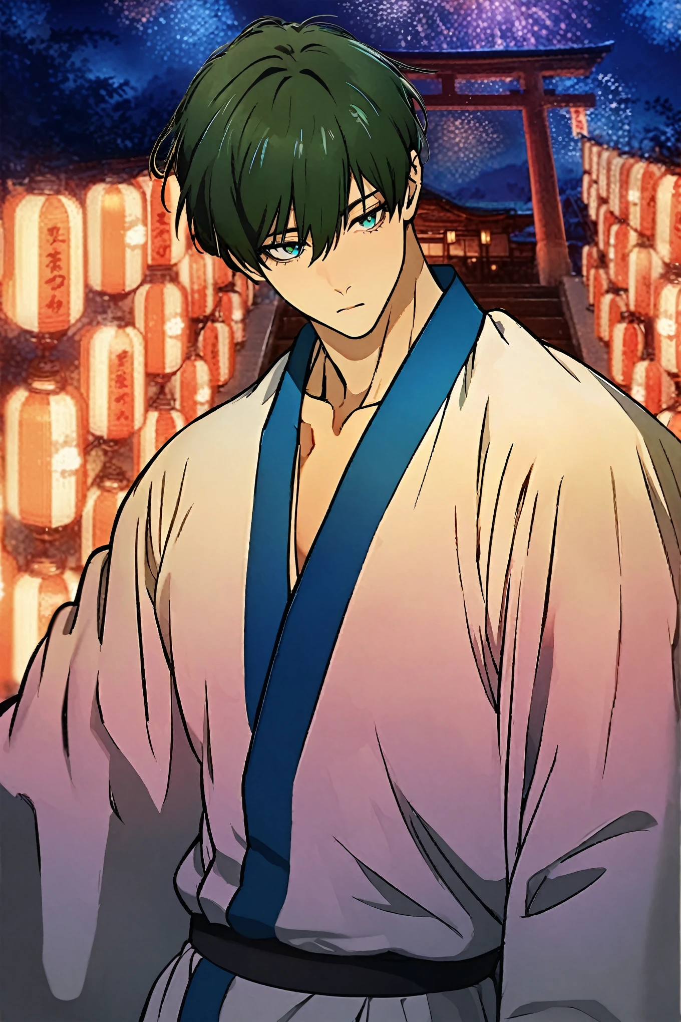 Ultra detailed, HDR, Highres, absurdres, masterpiece, best quality, Blue Lock, Itoshi Rin, Dark green hair, short hair, side part hairstyle with fringe, slim teal eyes, black underlashes, expressionless, lean, muscular build, pale skin, grey yukata, 1boy, solo, sexy, handsome, sensual, japanese festival