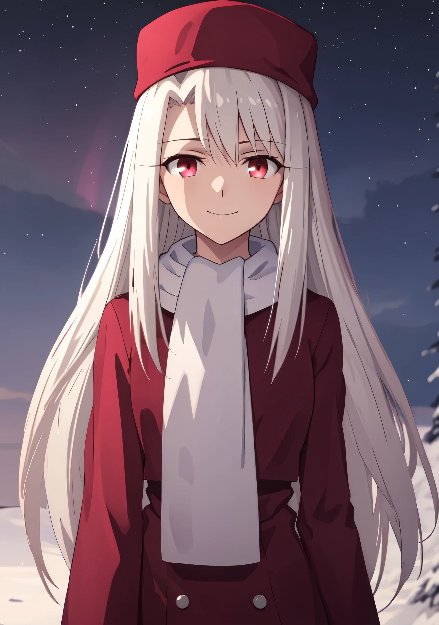 best quality, masterpiece, highres, solo, (illyasviel_von_einzbern_fatestaynightufotable:1.10), 1girl, papakha, night, dark sky, northern lights, aurora borealis, deep red eyes, white scarf, white headwear, white coat, anime coloring, closed mouth, looking at viewer, smile, confident, christmas tree, outdoors, upper body, anime_style, 3