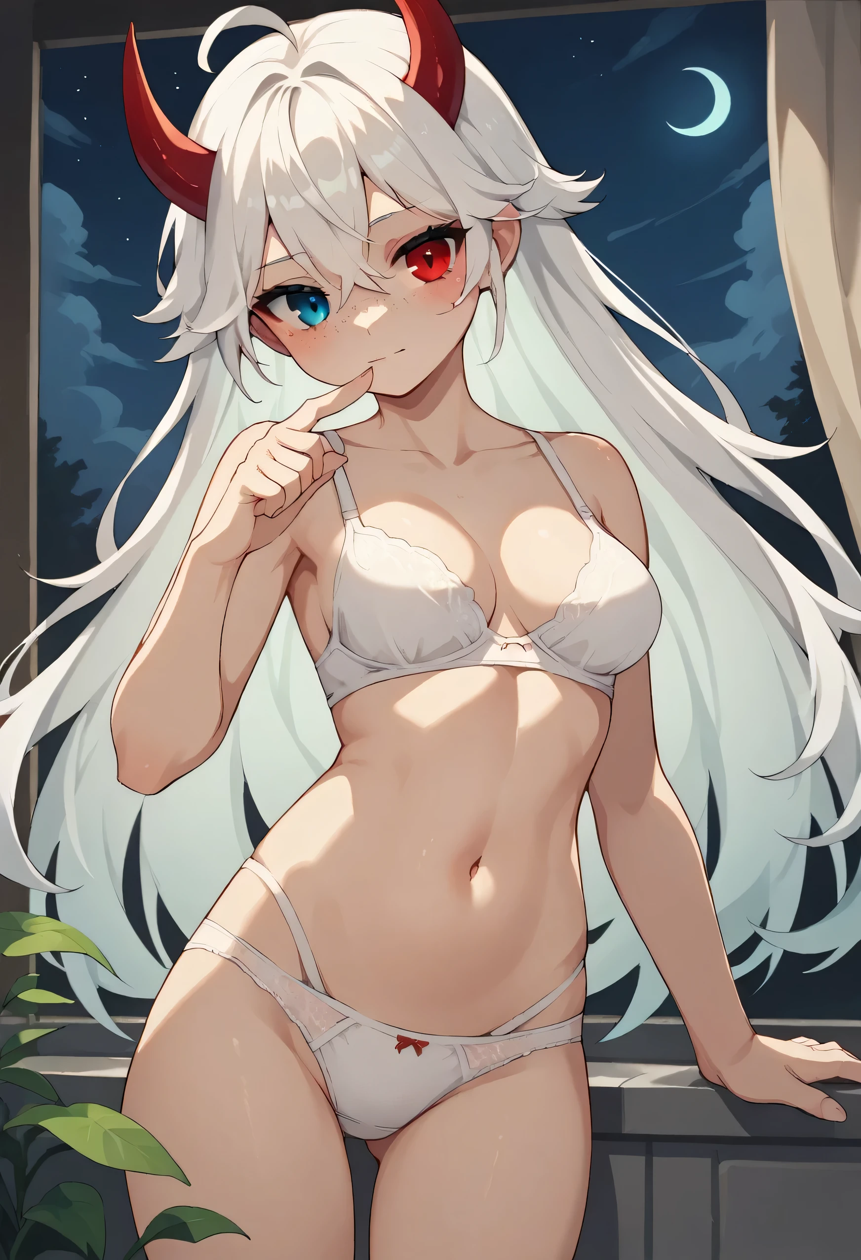 a single beautiful sexy slim girl, girl has long white hair with bangs covering her forehead, with heterochromia eyes, with freckles on the brim of her noes, with small red horns peaking out of her hair, with medium breasts and waist, wearing a white bra and white panties, sanding in a bathroom (with no windows), (night time),