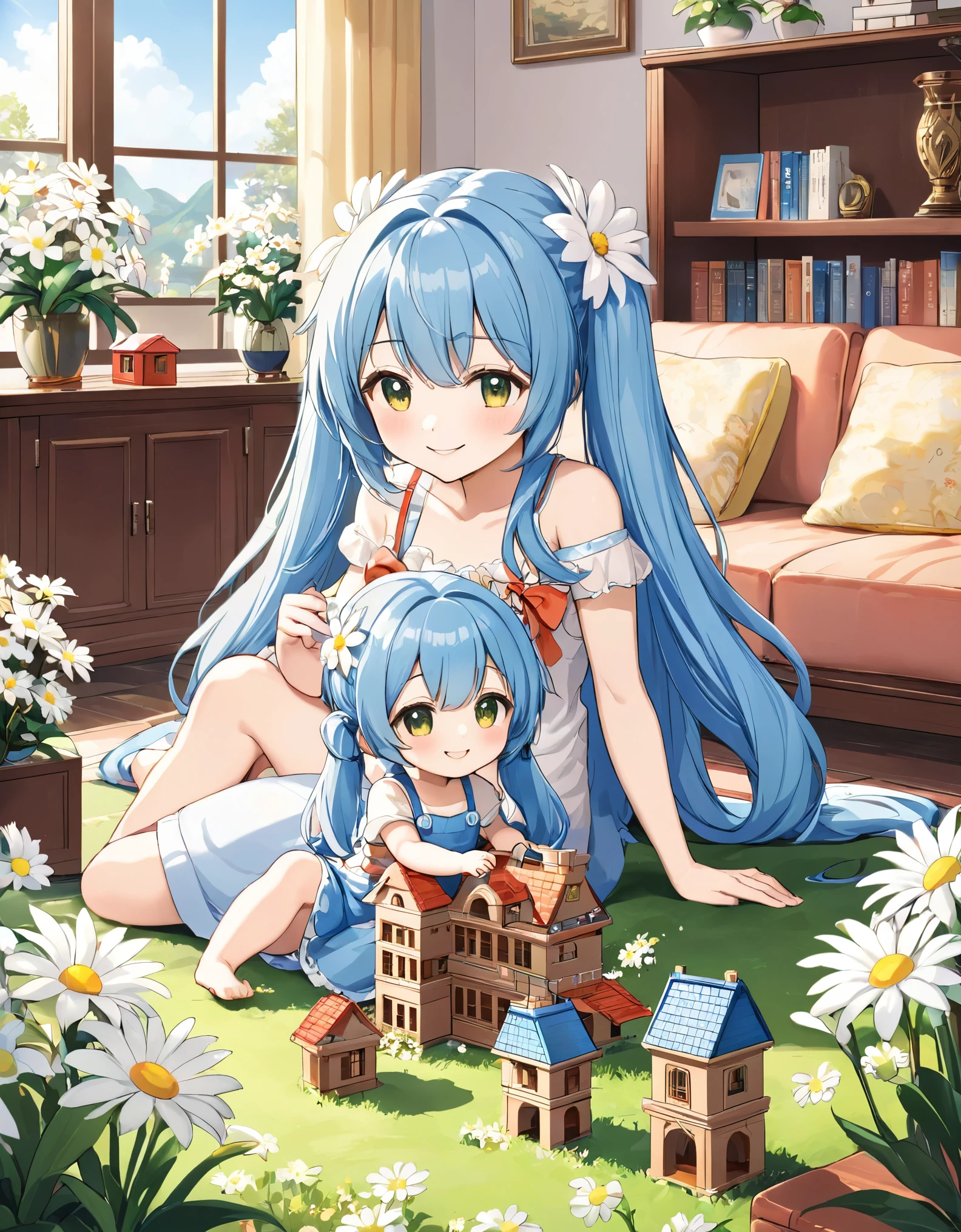 Light blue long hair、Twin-tailed mother and her child, a chibi character、Playing with building blocks in a sunny living room、Building a house out of blocks、A happy smile、The living room is decorated with lots of white daisies and orchids.