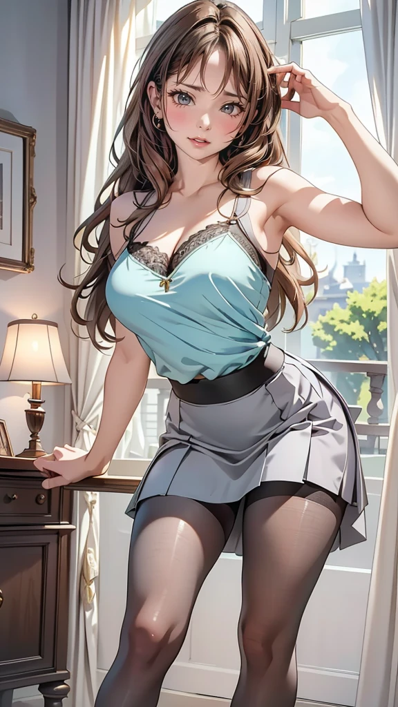 (masterpiece:1.2, top-quality), (realistic, photorealistic:1.4), beautiful illustration, (natural side lighting, movie lighting),
looking at viewer, cowboy shot, front view:0.6, 1 girl, japanese, high school girl, perfect face, cute and symmetrical face, shiny skin,
(long hair:1.8, straight hair:1.7, sidelocks, light brown hair), hair between eye, blue green eyes, long eye lasher, (large breasts:0.8, thick thighs),
beautiful hair, beautiful face, beautiful detailed eyes, beautiful clavicle, beautiful body, beautiful chest, beautiful thigh, beautiful legs, beautiful fingers,
((light purple camisole, grey skirt, black pantyhose),
(beautiful scenery), night, living room, window, curtain, wariza, bent over, arms at floor, (confused, upper eyes),
