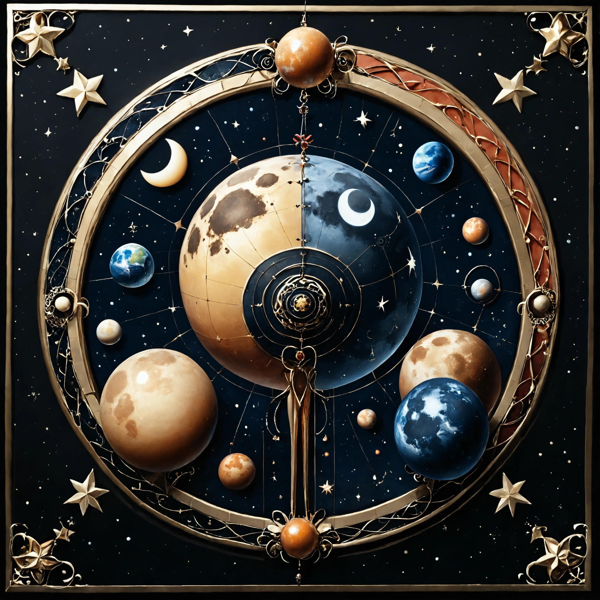 A detailed and intricate cosmic illustration featuring various celestial objects and symbols, including planets, moons, stars, and geometric patterns within a dark background with ornate borders,abstract and complex digital artwork inspired by cosmic geometry and sound. The top section of the image should feature detailed geometric patterns, concentric circles, and interconnected lines that resemble energy waves. In the center, include a large ear surrounded by flame-like shapes, with sound waves emanating in circular patterns. On the sides, add layered spheres and lines, forming interconnected cosmic grids. The bottom section is supposed to depict a futuristic control panel with UFO shapes and colorful rectangles arranged in sequence, connected by DNA-like chains. Below that, incorporate a stylized piano keyboard, with notes labeled in an alien language, along with diagrams, intricate symbols, and moons in various phases. Use soft colors like beige, black and dark red, with touches of blue, green, yellow and orange.