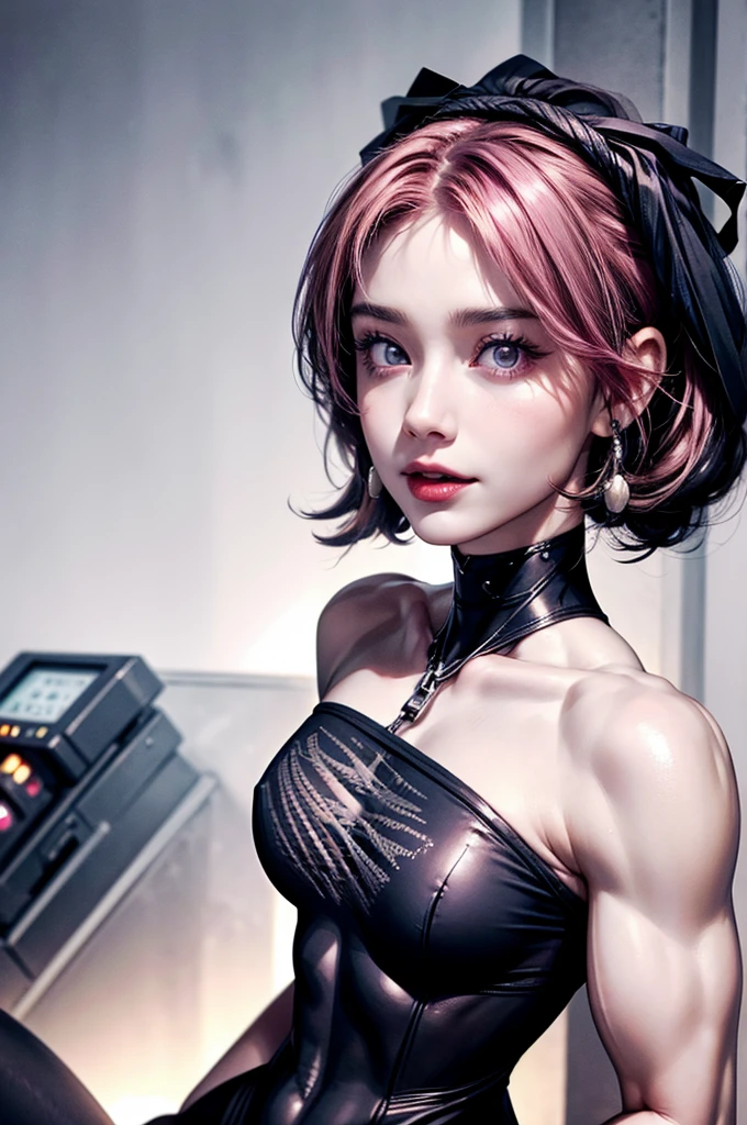 (highest quality:1.2), a 20-years-old girl is saluting, front view , connected to machines with many wires, looking up the ceil, (Muscular:1.9), a photorealistic cute gymnast, beautiful face, European face like a doll, heavily make-up face, pale face, open mouth with brutal smile, blank eyes with heavy dark eyshadow, dark blue eyeline, dark black lip with cruel smile, orgasm face with horny, Short-cut pink hair, upper body portrait above the knees, wearing fishnet bodysuits, 