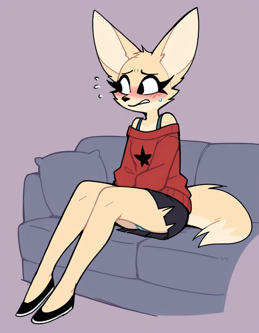 porn interview,stkyswt, zPDXL, score_9, score_8_up, score_7_up, source_anime, BREAK 1girl, solo, black eyes, vivziepop, anthro, nervous fennec fox sitting on couch, nervous handwave, nervous smile, female Fennec fox, helluva boss, full body, knees pressed together shoulder-free red pullover, black skirt, glimpse of panties