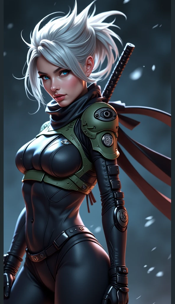 ((Sonya blade from mortal kombat series))(she has big glowing white eyes)(red lips) (very long straight blonde high pony tail hair)((very huge breasts)) (perfect slim body) (she wears green, white and black outfit, black gloves) (inside dark temple) (high definition, volumetric lights and dinamic shadows)((masterpiece))(8k)(perfect face)(ultra details) (perfect hands, eyes, and face)