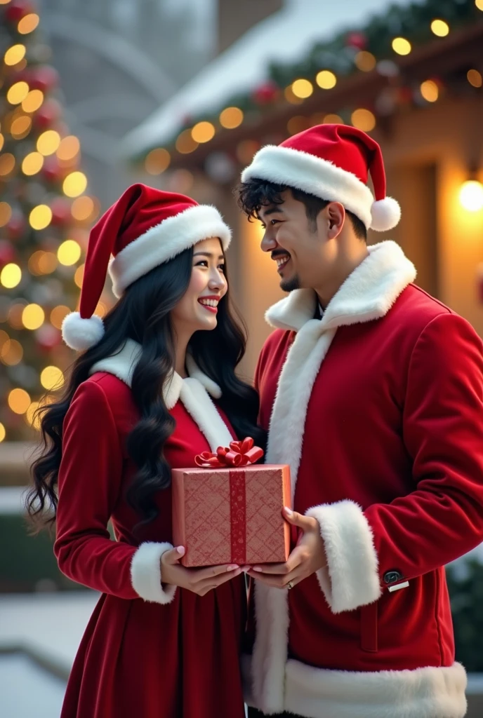 guy and girl give gifts to each other, Christmas, Europeans, Smile, Christmas tree with gifts, fireplace, Christmas, ((Best Quality)), ((Masterpiece)), (Detailed), a perfect face, foto realista, Ultra-detailed, Realistic, HDR, studio lightning, extreme detail description, Professional, sharp-focus, physical based rendering, Vivid bright colors, portrai