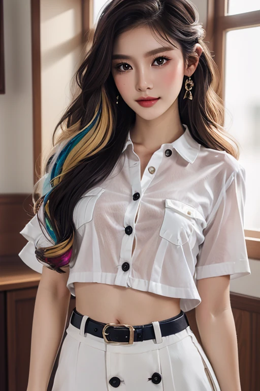 Top quality, RAW Photo, Highest Quality Image, 16K, Full body, Age 22, Realistic, Photorealistic,  Beautiful Asian woman, Sexy, body, White pale skin, ((( Multicolor Hair ))), ((( Short and wavy hairstyle ))), Modern hairstyles, Detailed face, Detailed body, Detailed skin, Double eyelids, Very Big eyes, long eyelashes, bright eyes, green eyes, natural lips, detailed lips, ((( Very Small breasts, Flat Breasts ))), posing in bedroom studio, sunny day light,  ((( wearing White Short sleeves Shirt, black short skirt ))),  ((( Thai University Female Uniform))), ((( Unbutton All Buttons  ))), Brown Belt, no bra, ((( piercings ))), ((( piercing bellybutton with jewelry )))