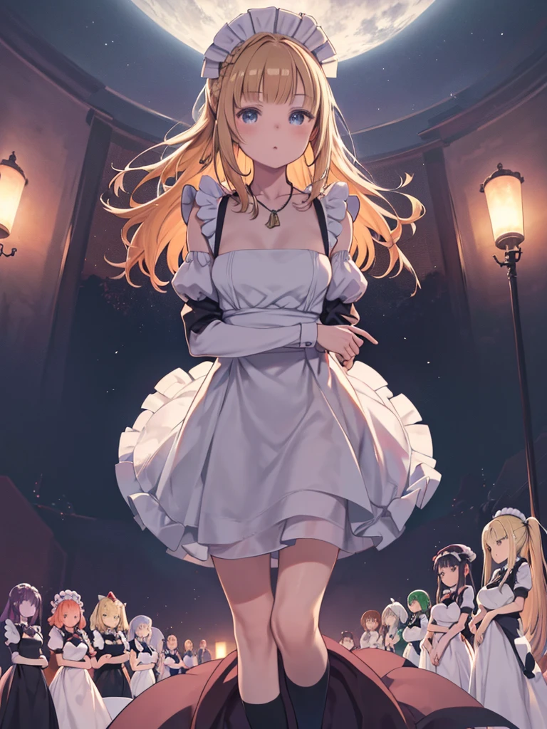 Masterpiece, 4girls, each dressed as a maid. The maids are wearing identical uniforms, beauty and cute, high detailed, dinamic lighting, vivid colours, ultra large saggy breasts, massive cleavage exposed, A giant spacecraft navigating interstellar space, Sophisticated design, huge geometric figures stacked in layers,standing, white skin, blue eyeballs, blonde hair, happys, various hair styles, harem, perfect eye, perfect face, Symmetrical eyes, well-aligned, with a natural and proportionate gaze, Observing their master with a servile gaze.