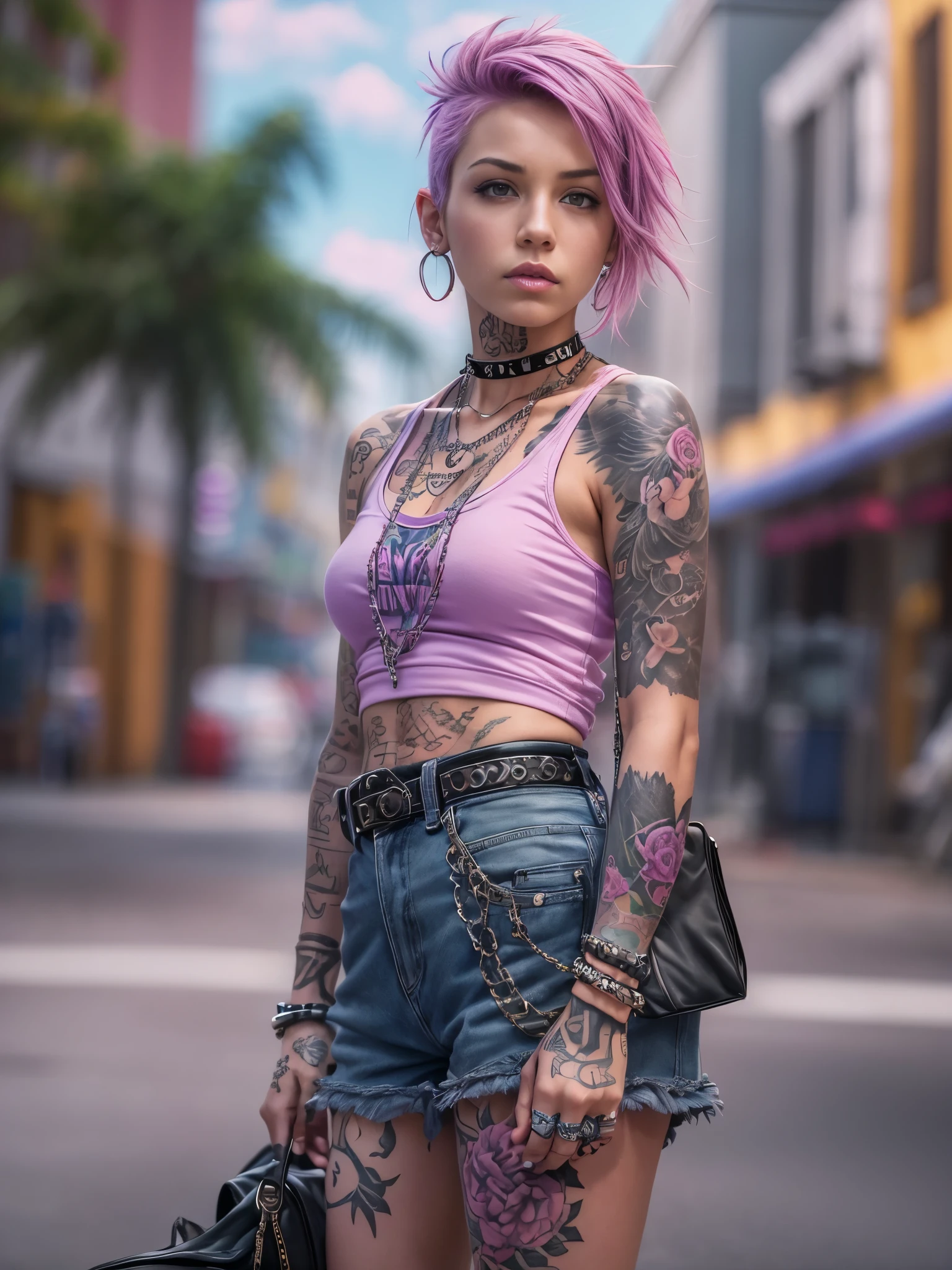 (top-quality、in 8K、32K、​masterpiece、nffsw:1.3)、(Photorealsitic:1.4),18-year-old punk girl,punk make-up,Wacky punk hair,Radical punk fashion,Tank tops、A pink-haired,、Tattoos on the body,、Downtown District Background、Backlight effect、depth of fields,blurry backround,,,,,,,,,,,,