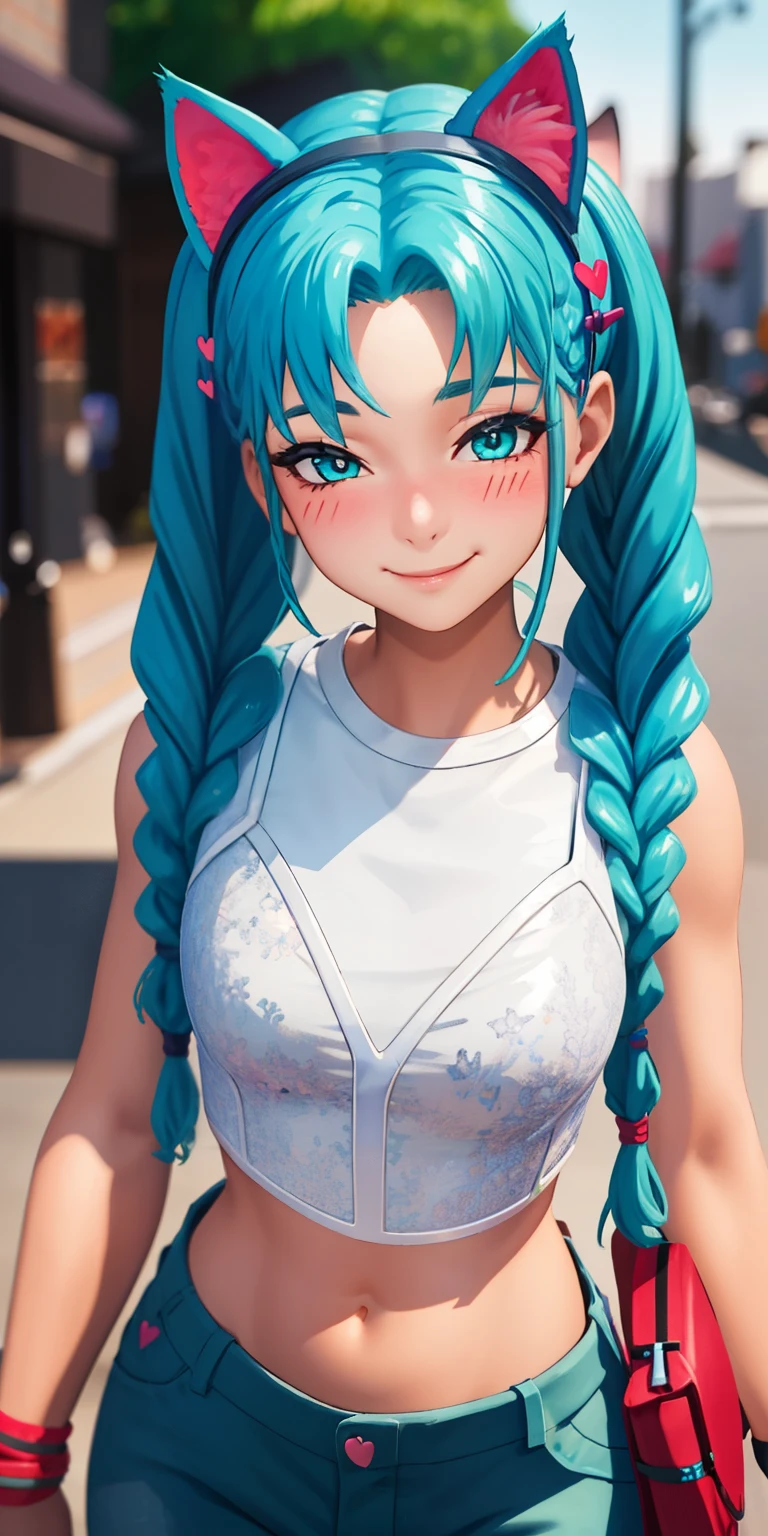 1girl,aqua hair, twintails, braided, aqua eyes, (eyeshadow1:1), (blush:1.1),upper body, heart,(speed lines:1.1), heart navel, cat ears headband, white crop top, smile, looking at viewer, facing viewer, wink, 