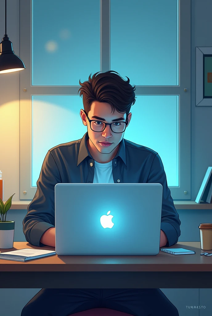Homem trabalhando no computador em sua casa luxuosa ,imagem escurecida, luzes neon, ultra realista,4k,vestido de preto