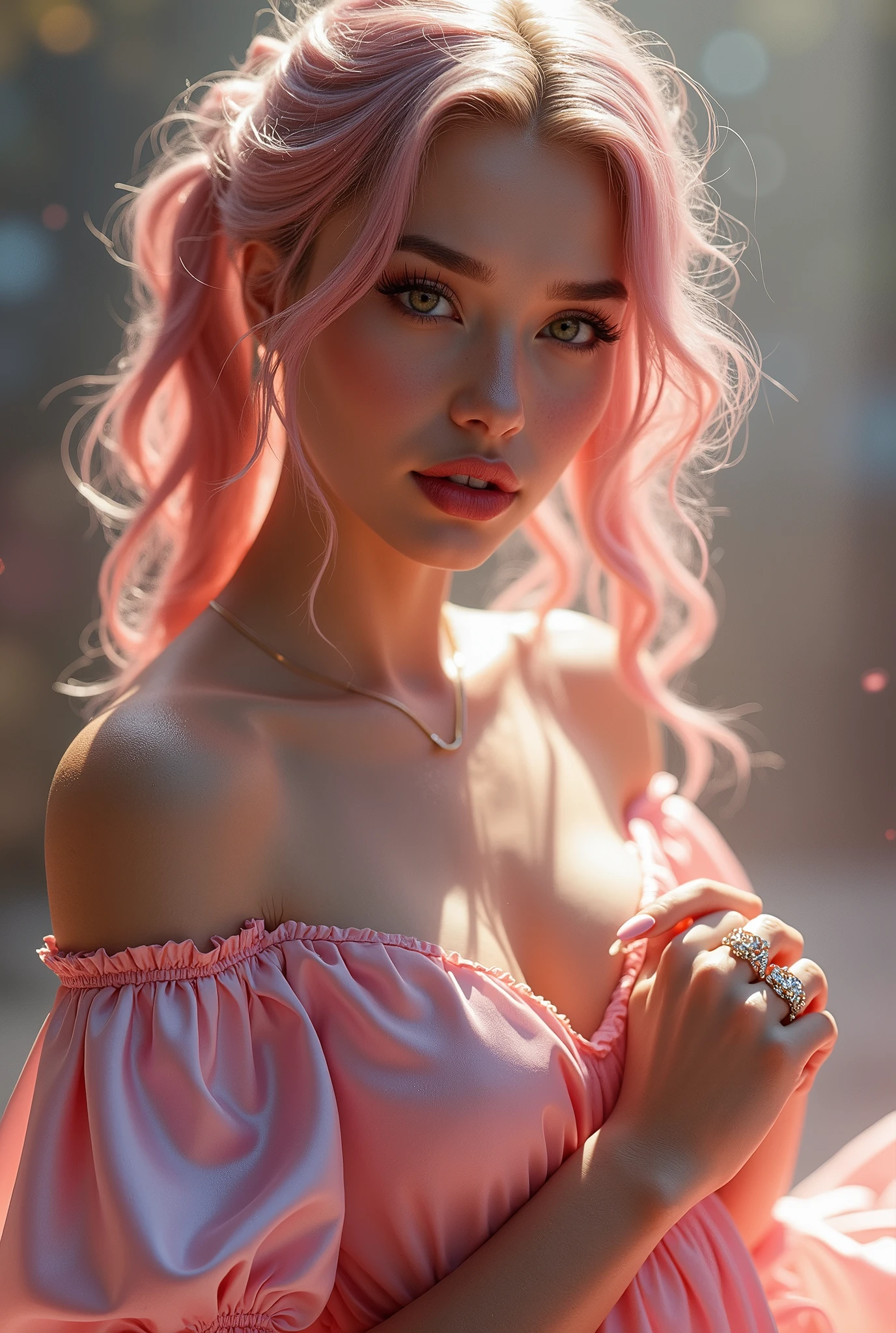 most beautiful girl. cute face, long pink hair, wavy hair, depth of field, cinematic lighting, blurry, glowing light, cowboy shot, from below, bokeh, bokeh, Eye-Level Shot, f/1.2, 85mm, Sony FE , highres, best quality, high details, super detail, textured skin, UHD. very beautifull 20 years old girl. exposed cleavage. necklace. beautifull armpit. high heels. holding 1 gucci hand bag. slim waist. sexy pose. pierced belly button. nice hips. tall girl. natural textured skin. realistic skin texture. night. Downtown las vegas. leaning on street light. crowded traffic jam. wearing sexy dress.