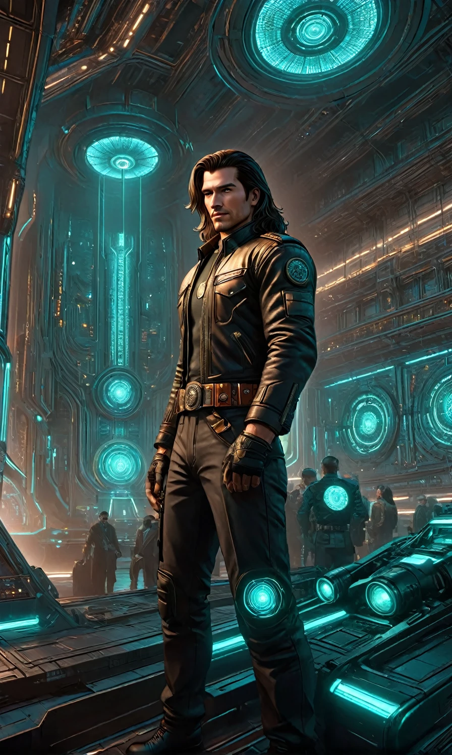 A dynamic close-up shot of a handsome 2 warrior man fixing a spacecraft engine in a futuristic hangar. He wears a leather jacket with a high collar and a 1940s-style gun belt. His long hair reflects a modern classic style. His calm expression exudes wisdom and authority, with intricate engine parts and glowing panels behind him. Dim lighting creates a dramatic, futuristic atmosphere blending Dieselpunk and 1940s retrofuturism. The scene is detailed, with glowing neon hues, ultra-realistic textures, and cinematic vibes. UHD, 8k, cinematic, volumetric lighting, hyper-realistic, HDR lighting, matte background, illustration, smooth and clean vector curves, vector art, coherent, sparkles,in the style of vargas, Midjourney style, the atmosphere feels action movie sence mixed fantasy sence
