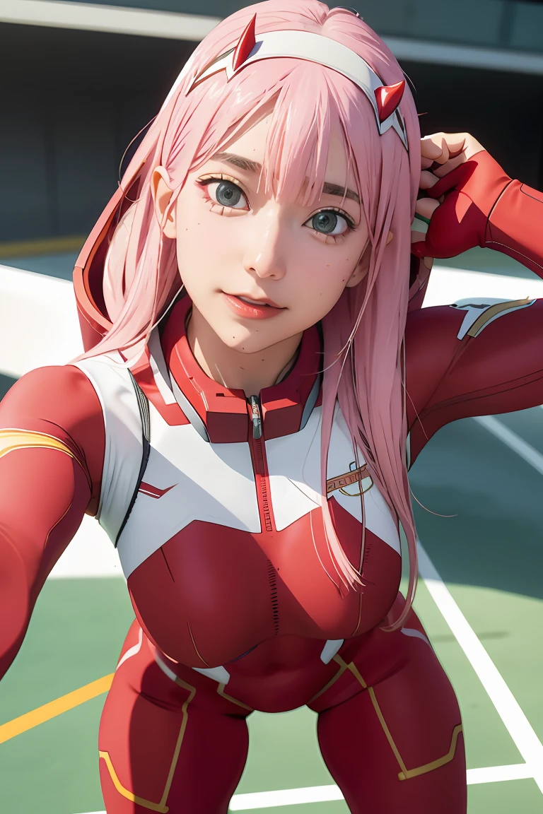 ((best quality)),((highly detailed)),masterpiece,absurdres,detailed face,beautiful face,((detailed eyes, deep eyes)),(1girl),((dynamic pose)), Zero_Two, green eyes, 1girl, solo, red bodysuit, long hair, pilot suit, pink hair, bodysuit, straight hair, hairband, standing, horns, breasts, bangs, closed mouth, looking at viewer, medium breasts, white hairband, skin tight, blunt bangs, makeup, eyeshadow, very long hair, sidelocks, expressionless, hair between eyes, red horns, shiny hair, towards viewer, smile,