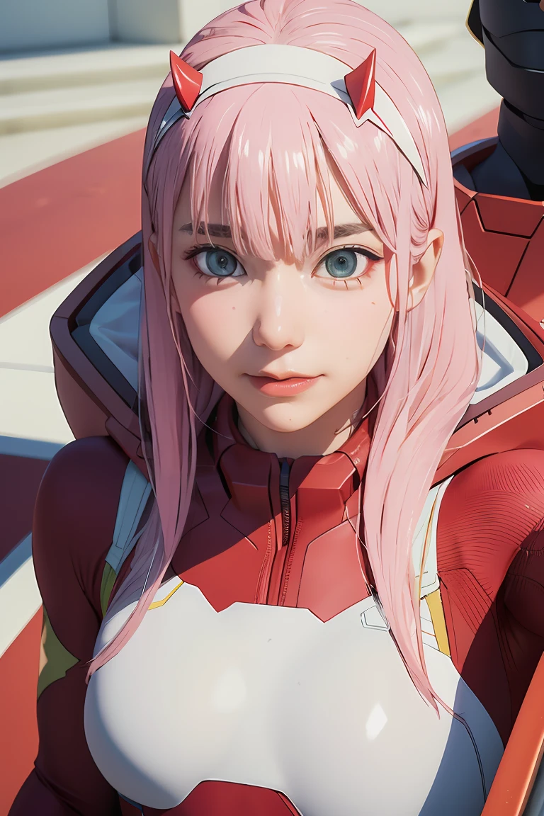 ((best quality)),((highly detailed)),masterpiece,absurdres,detailed face,beautiful face,((detailed eyes, deep eyes)),(1girl),((dynamic pose)), Zero_Two, green eyes, 1girl, solo, red bodysuit, long hair, pilot suit, pink hair, bodysuit, straight hair, hairband, standing, horns, breasts, bangs, closed mouth, looking at viewer, medium breasts, white hairband, skin tight, blunt bangs, makeup, eyeshadow, very long hair, sidelocks, expressionless, hair between eyes, red horns, shiny hair, towards viewer, smile,