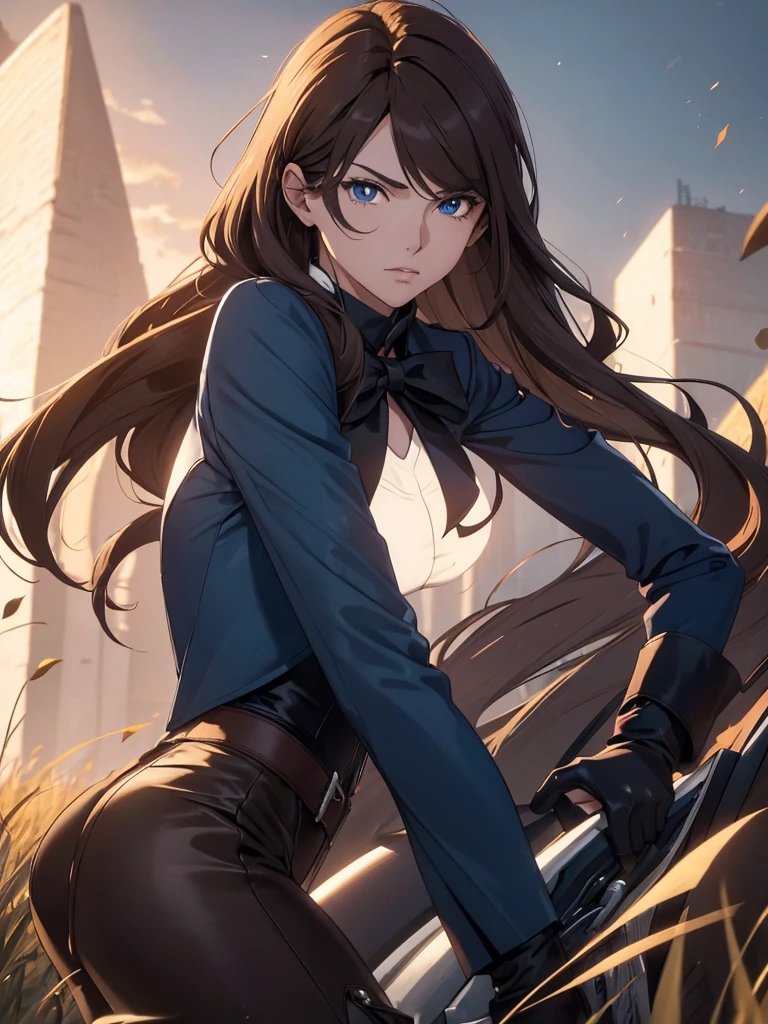 (8K, ultra detailed, stylized, realistic:1.3), 1 elegant anime woman, long hair, smooth and light brown, with a serene and confident expression, Blue eyes. He is wearing a dark blue two-piece formal suit., with black leather gloves, white shirt with bow, and long riding boots in dark brown. Walk confidently down a country road with golden fields on either side, under a clear sky, illuminated by the soft light of dusk.