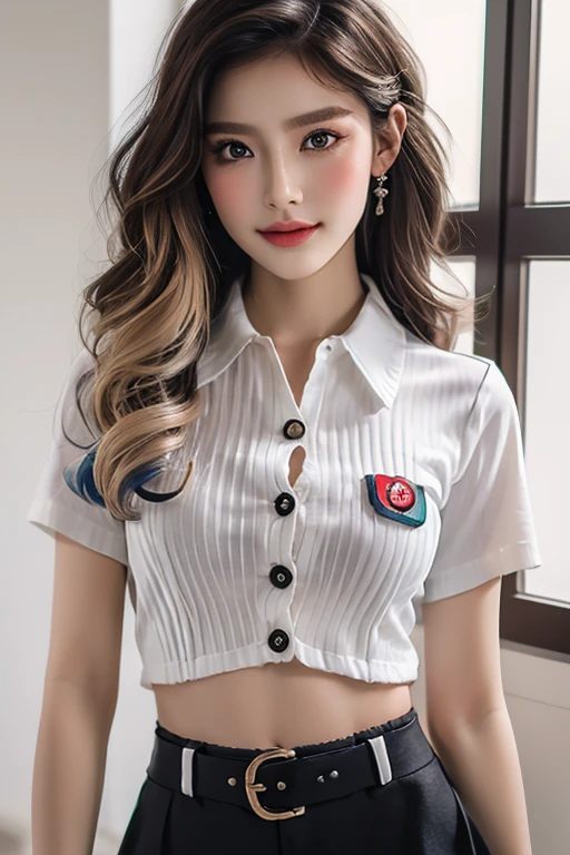 Top quality, RAW Photo, Highest Quality Image, 16K, Full body, Age 22, Realistic, Photorealistic,  Beautiful Asian woman, Sexy, body, White pale skin, ((( Multicolor Hair ))), ((( Short and wavy hairstyle ))), Modern hairstyles, Detailed face, Detailed body, Detailed skin, Double eyelids, Very Big eyes, long eyelashes, bright eyes, green eyes, natural lips, detailed lips, ((( Very Small breasts, Flat Breasts ))), posing in bedroom studio, sunny day light,  ((( wearing White Short sleeves Shirt, black short skirt ))),  ((( Thai University Female Uniform))), ((( Unbutton All Buttons  ))), Brown Belt, no bra, ((( piercings ))), ((( piercing bellybutton with jewelry )))