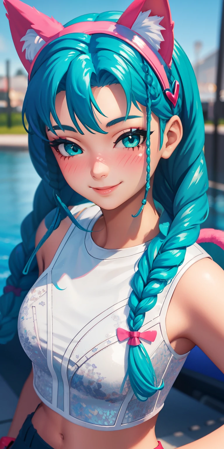 1girl,aqua hair, braided, aqua eyes, aqua eyeshadow, (eyeshadow1:1), (blush:1.1),upper body, heart,(speed lines:1.1), heart navel, cat ears headband, pink head band, white crop top, smile, looking at viewer, facing viewer, wink, 