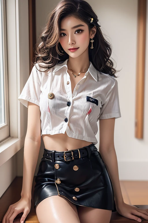 Top quality, RAW Photo, Highest Quality Image, 16K, Full body, Age 22, Realistic, Photorealistic,  Beautiful Asian woman, Sexy, body, White pale skin, ((( Multicolor Hair ))), ((( Short and wavy hairstyle ))), Modern hairstyles, Detailed face, Detailed body, Detailed skin, Double eyelids, Very Big eyes, long eyelashes, bright eyes, green eyes, natural lips, detailed lips, ((( Very Small breasts, Flat Breasts ))), posing in bedroom studio, sunny day light,  ((( wearing White Short sleeves Shirt, black short skirt ))),  ((( Thai University Female Uniform))), ((( Unbutton All Buttons  ))), Brown Belt, no bra, ((( piercings ))), ((( piercing bellybutton with jewelry )))