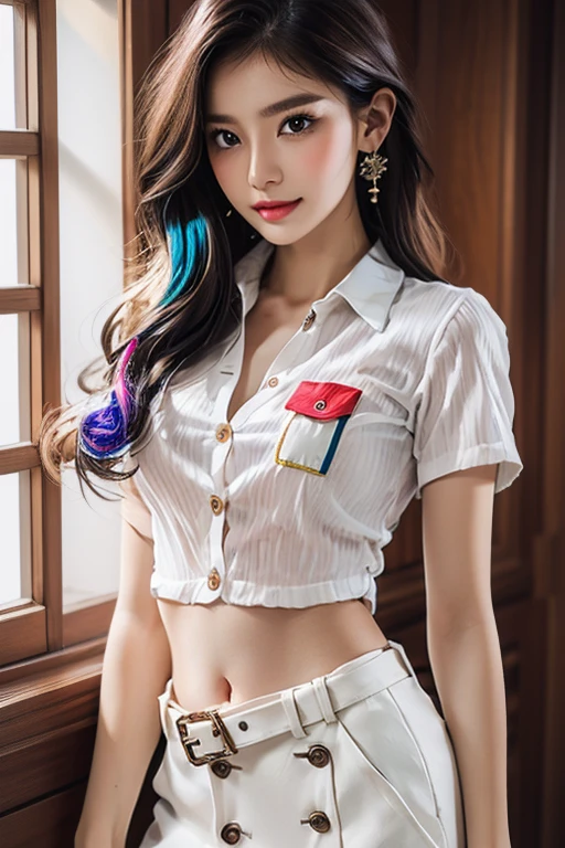 Top quality, RAW Photo, Highest Quality Image, 16K, Full body, Age 22, Realistic, Photorealistic,  Beautiful Asian woman, Sexy, body, White pale skin, ((( Multicolor Hair ))), ((( Short and wavy hairstyle ))), Modern hairstyles, Detailed face, Detailed body, Detailed skin, Double eyelids, Very Big eyes, long eyelashes, bright eyes, green eyes, natural lips, detailed lips, ((( Very Small breasts, Flat Breasts ))), posing in bedroom studio, sunny day light,  ((( wearing White Short sleeves Shirt, black short skirt ))),  ((( Thai University Female Uniform))), ((( Unbutton All Buttons  ))), Brown Belt, no bra, ((( piercings ))), ((( piercing bellybutton with jewelry )))