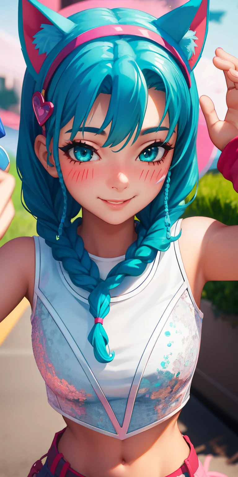 1girl,aqua hair, braided, aqua eyes, aqua eyeshadow, (eyeshadow1:1), (blush:1.1),upper body, heart,(speed lines:1.1), heart navel, cat ears headband, pink head band, white crop top, smile, looking at viewer, facing viewer, wink, 