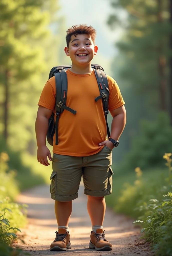 Danielum 1 year old boy with short straight brown hair and cute and soridente with blue shorts and green shirt dom yellow backpack strolling in the forest very realistic and human --auto --s2