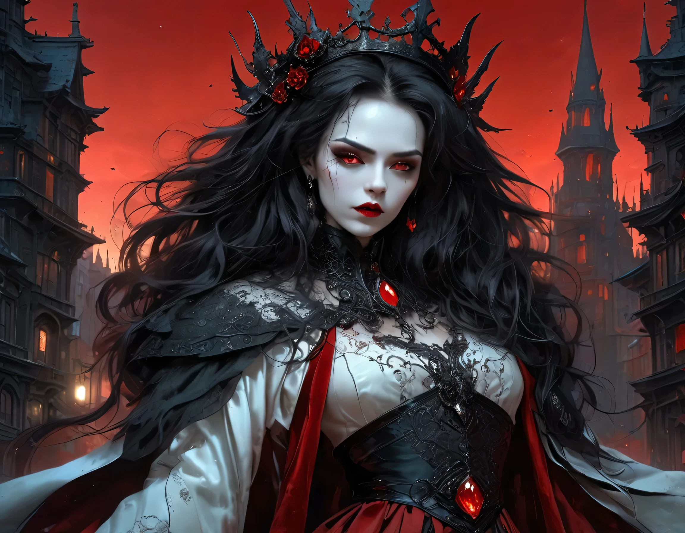 goth fantasy comic art, ultra wide shot of a vampire queen in the big city, a beautiful mature vampire queen, elegant queen, (best detailed face: 1.3) dynamic hair color, dynamic hair style, wearing intricate white leather dress, dress stained with blood, studded with black diamonds, flowing dynamic color cloak, high heels, holding a red royal scepter, red diamonds, dipped with blood, wearing red crown, standing in goth city at night, goth buildings, lit by torches, moon in the sky, 16k, [ultra detailed], masterpiece, best quality, (ultra detailed), full body, ultra wide shot, vampire teeth