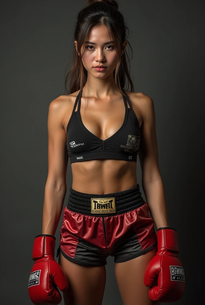 adult female boxer、Ponytail has black hair.、brown skin、Black sports bra and shorts、boxing gloves、with eager eyes、Boxing stance、Waist circumference、
