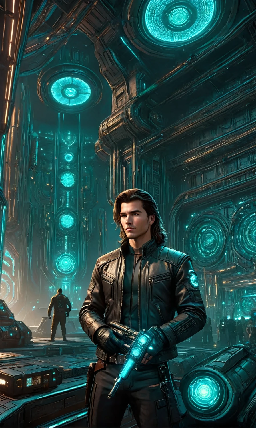 Create a futurism fantasy movie scene: A dynamic close-up shot of a 2 young warrior man fixing a spacecraft engine in a futuristic hangar. He wears a leather jacket with a high collar and a 1940s-style gun belt around his waist. His long hair reflects a modern classic style. His calm expression exudes wisdom and authority, with intricate engine parts and glowing panels behind him. Dim lighting creates a dramatic, futuristic atmosphere blending Dieselpunk and 1940s retrofuturism. The scene is detailed, with glowing neon hues, ultra-realistic textures, and cinematic vibes. UHD, 8k, cinematic, volumetric lighting, hyper-realistic, HDR lighting, matte background, illustration, smooth and clean vector curves, vector art, coherent, sparkles, in the style of Vargas, Midjourney style, the atmosphere feels action movie sense mixed fantasy scene.